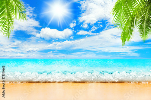 Tropical island paradise beach, green coconut palm tree leaves, sand, blue sea water, turquoise ocean wave, sun sky white clouds, beautiful panorama landscape, summer holidays, vacation, travel banner