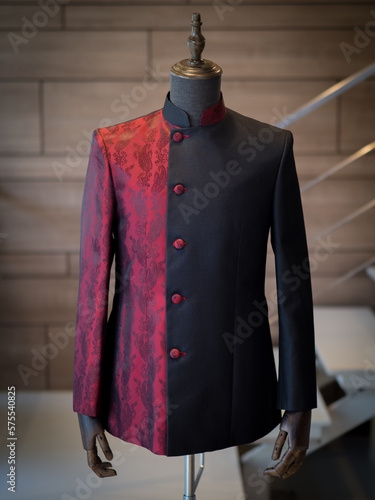 Red and black mandarin collar jacket detail