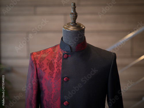 Red and black mandarin collar jacket detail