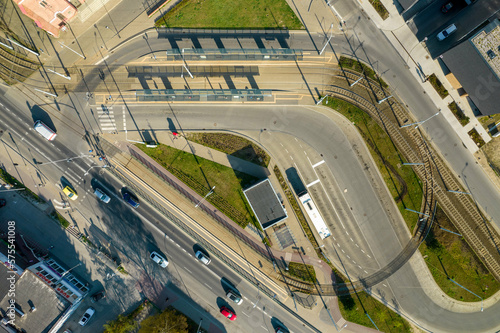 Obraz na płótnie tram loop in gdansk shown by drone from the air w salonie