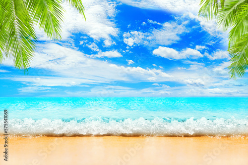 Tropical island paradise beach, green coconut palm tree leaves, sand, blue sea water, turquoise ocean wave, sun sky white clouds, beautiful panorama landscape, summer holidays, vacation, travel banner