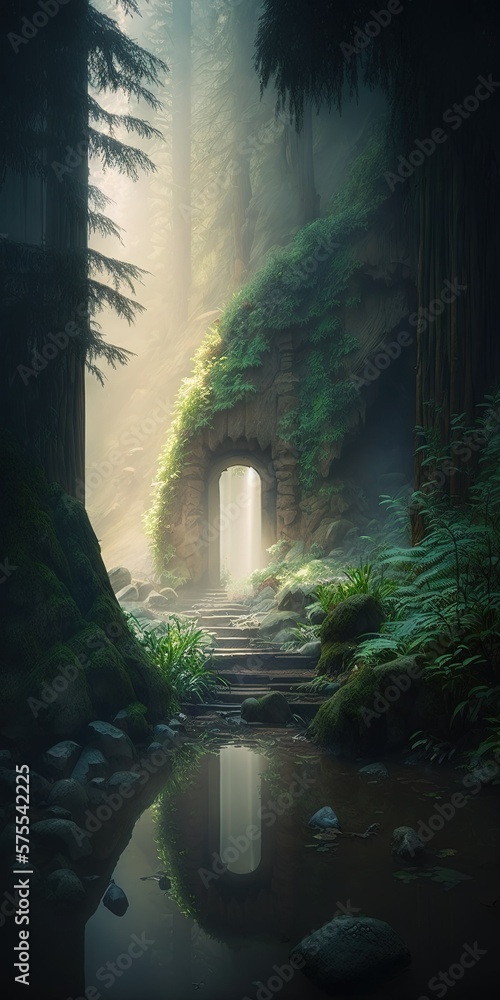 Obraz premium zen meditation garden with crystal caves and streams in the middle of redwood forest Generative AI