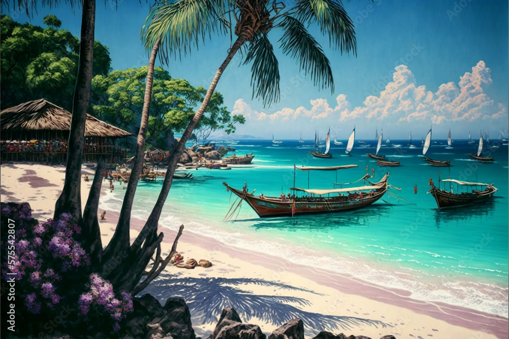 the beauty of bali beach, Idyllic tropical beach, palm, boat, blue sea, white sand