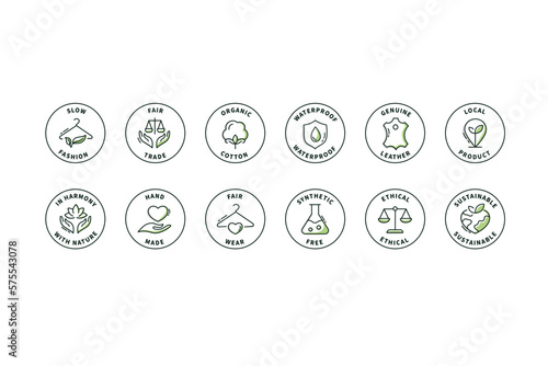 Sustainable clothes badges with editable line icon set