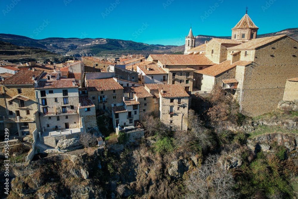 Aerial view of the beautiful village of Cantavieja in teruel Province Spain