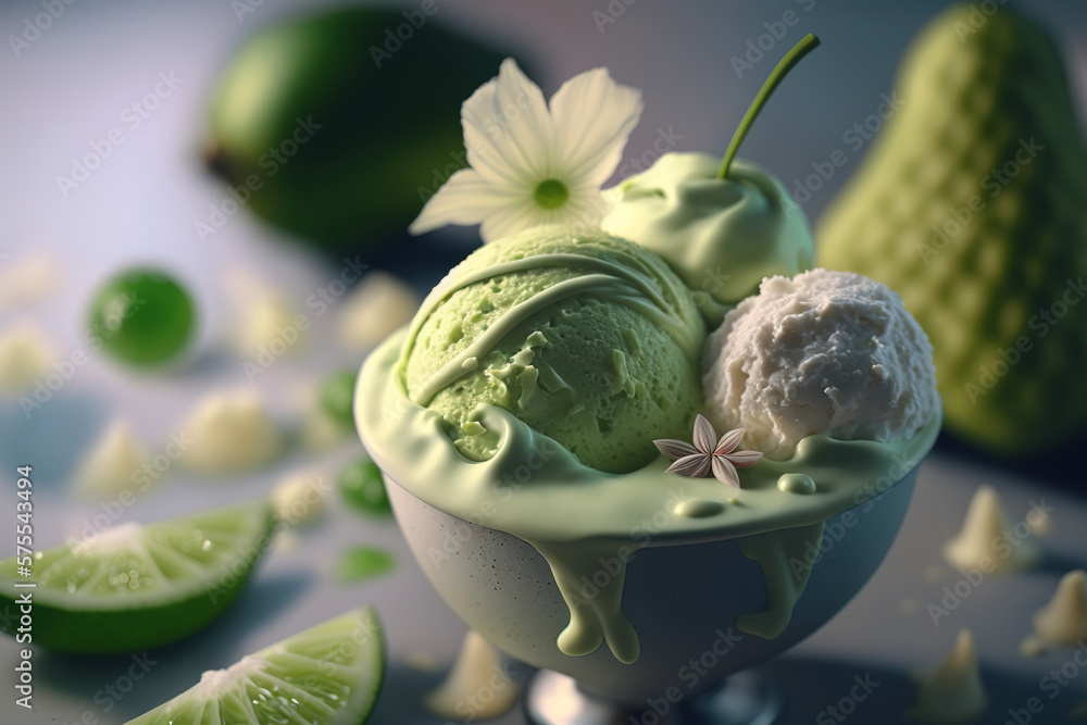 Fruit green vegan ice cream in cup. Refreshing cold dessert. Food illustration created by Generative AI Fruit green vegan ice cream in cup. Refreshing cold dessert. Food illustration created by Generative AI