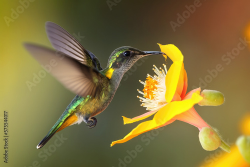 Hummingbird Tourmaline Sunangel in action in Ecuador, taking nectar from a lovely yellow flower, generative AI photo