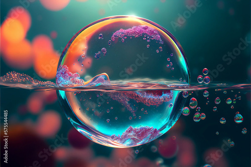This stunning AI-generated photo captures a vision of the future, with a breathtaking display of a futuristic bubble floating in crystal-clear water. The bubble is sleek and streamlined.
