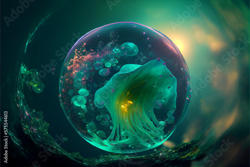 This stunning AI-generated photo captures a vision of the future, with a breathtaking display of a futuristic bubble floating in crystal-clear water. The bubble is sleek and streamlined.