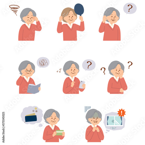 加齢に悩むシニア女性のイラストセット