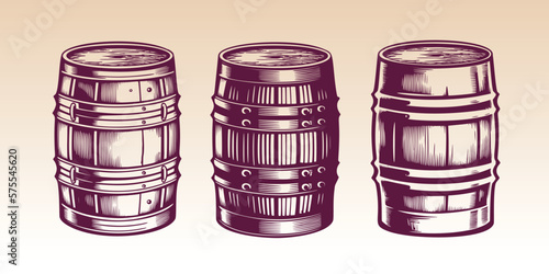 Hand drawn wine, beer, whisky, rum, bourbon barrel illustration. Vintage engraving style woodcut vector illustration Eps 10.