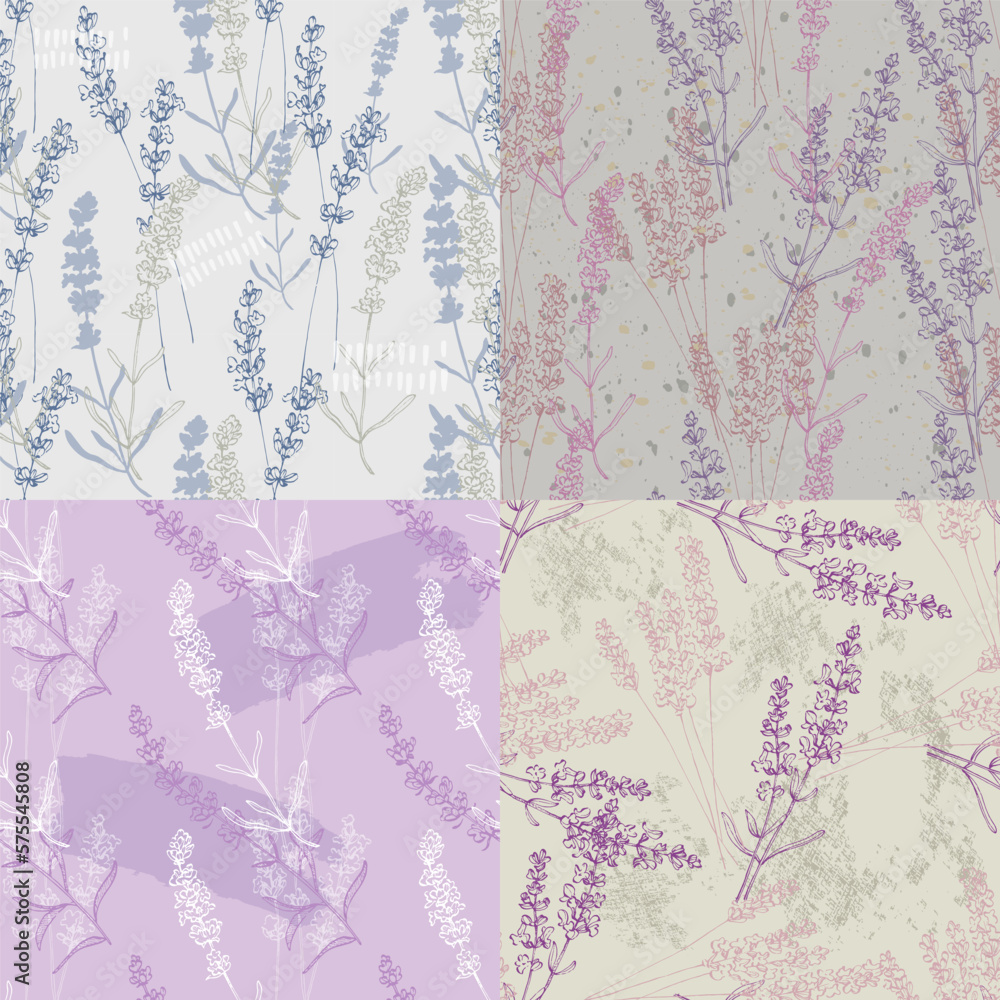 Set Wildflower lavender flower pattern in a one line style. Outline of the plant. Sketch wild flower for background, texture, wrapper pattern, frame or border.