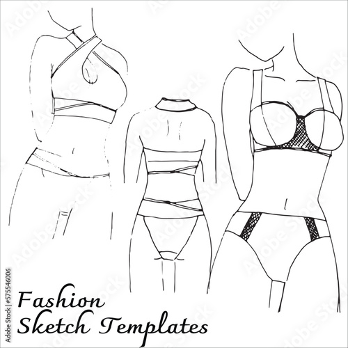 Fashion flats sketch template. Underwear woman design. Black and white outline vector.