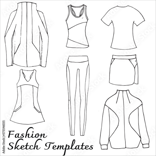 Fashion flats sketch template. Sport wear design. Black and white outline vector.