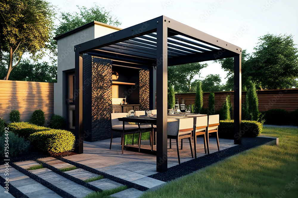 Modern patio furniture includes a pergola shade structure, an awning, a  patio roof, a dining table, seats, and a metal grill. Generative AI Stock  Illustration | Adobe Stock