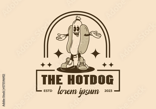 Mascot character design of standing hotdog badge