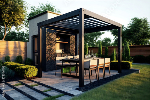 Modern patio furniture includes a pergola shade structure, an awning, a patio roof, a dining table, seats, and a metal grill. Generative AI photo