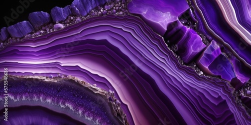 Vibrant purple amethyst geode rock, sparkling and lustrous crystals inside with striking textures and natural patterns, macro closeup - generative AI.