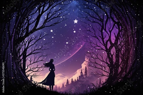 silhouette of a woman standing on a hill in the woods looking off at a castle while a shooting star burns across the night sky computer background