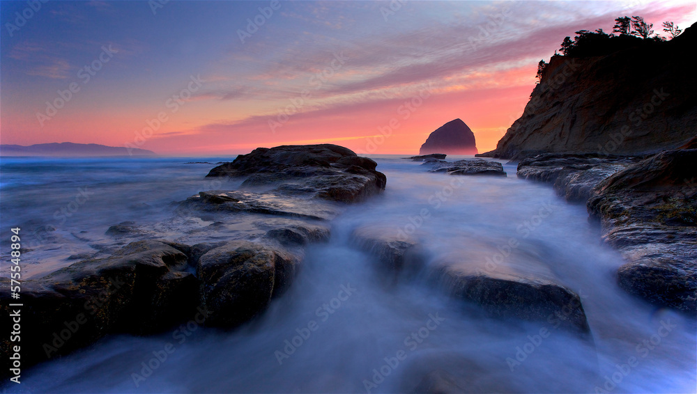 Rocky coastline at sunset, Cape Kiwanda, Oregon, United States Rocky coastline at sunset, Cape Kiwanda, Oregon, United States