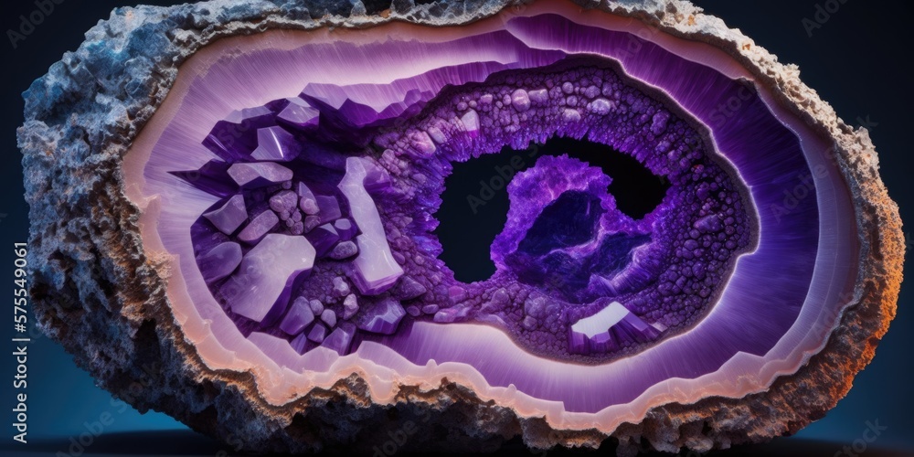 Vibrant purple amethyst geode rock, sparkling and lustrous crystals inside with striking textures and natural patterns, macro closeup - generative AI.
