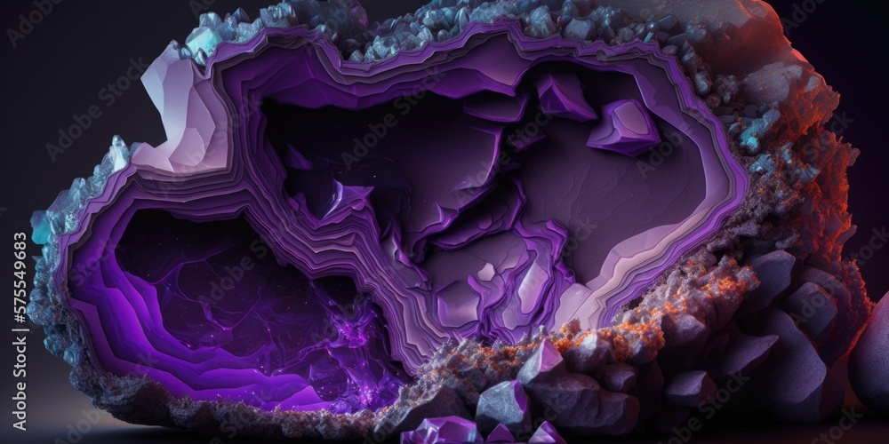 Obraz premium Vibrant purple amethyst geode rock, sparkling and lustrous crystals inside with striking textures and natural patterns - generative AI. 