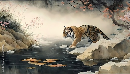 日本画風の虎と川