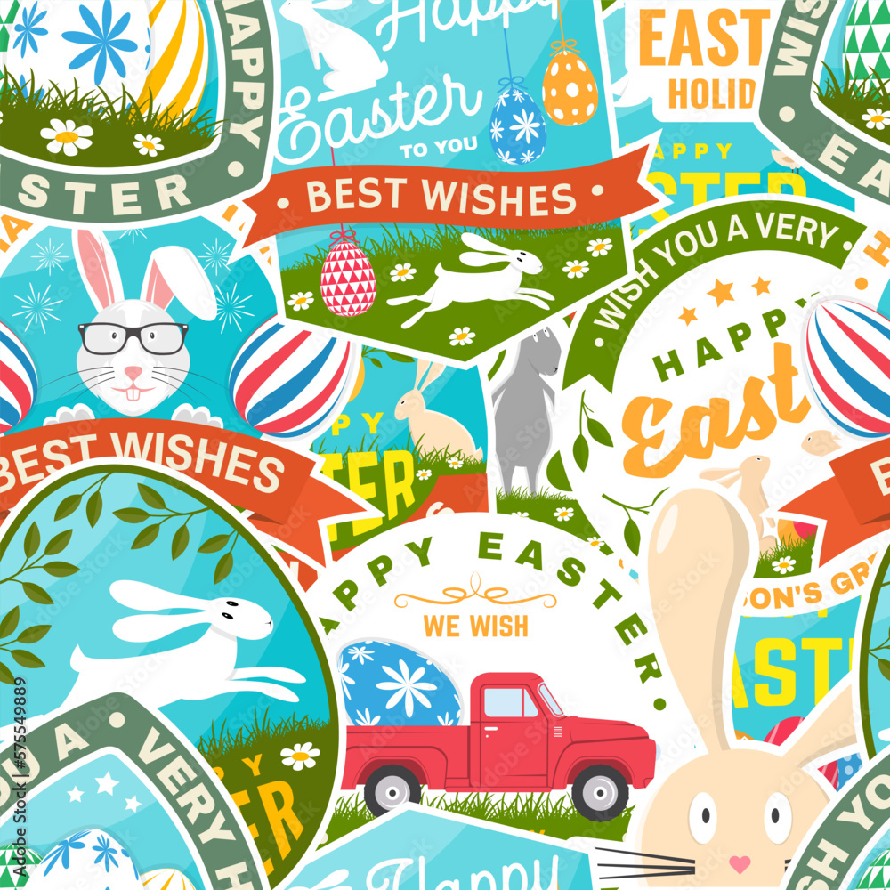 Naklejka premium Set of happy easter holidays colorful seamless pattern with easter rabbit and colourful eggs. Vector. Background, wallpaper, seamless pattern with easter Egg, green grass, bunny.