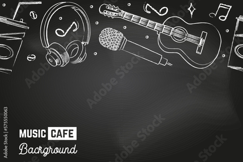 Seamless pattern with music instruments and coffee cup for music cafe, bar, pub. Music cafe background on the chalkboard. Vector illustration. Classical acoustic guitar, retro microphone, headphones