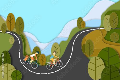 Build a bicycle to travel on a road that curves uphill with a beautiful landscape. text cloud vector illustration