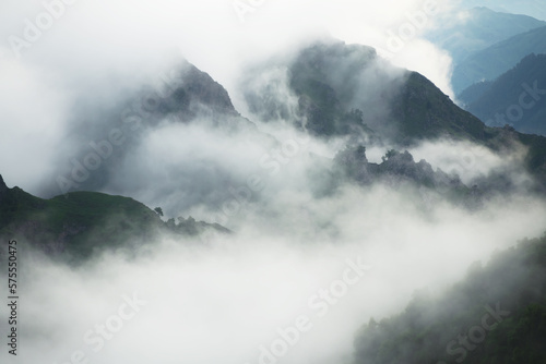 Morning fog in the mountains at sunrise. Clouds over the rocks and trees.