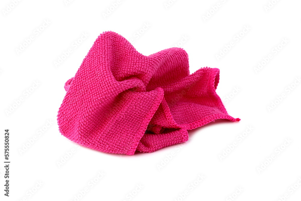 A pink cleaning rag lies on a white isolated background.