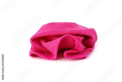  A pink cleaning rag lies on a white isolated background.