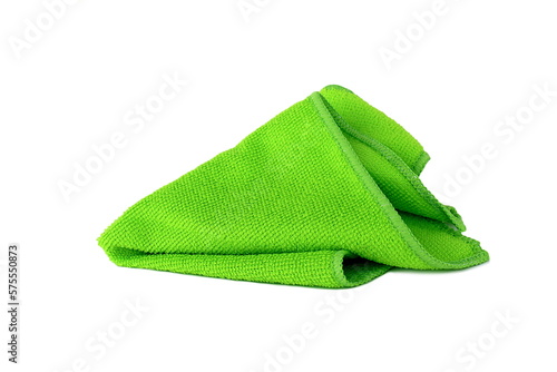 A green rag for cleaning lies on a white isolated background.