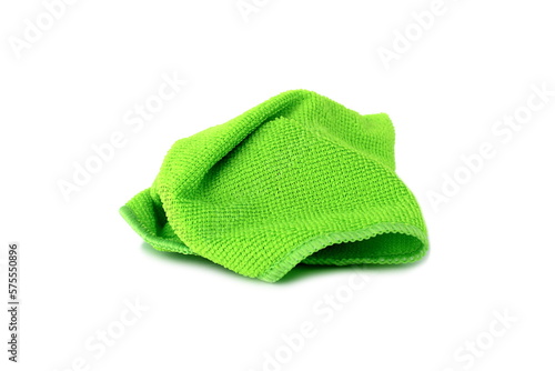 A green cleaning rag lies on a white isolated background.	