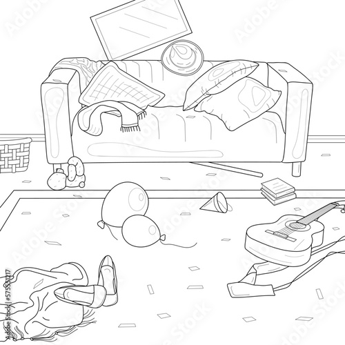 Living room interior. Mess in the room. Scattered things.Vector black and white illustration. Coloring.