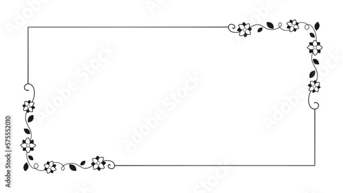 Floral rectangle frame. Hand drawn line border, leaves and flowers, wedding invitation and cards, logo design and posters template. Elegant minimal style floral vector isolated