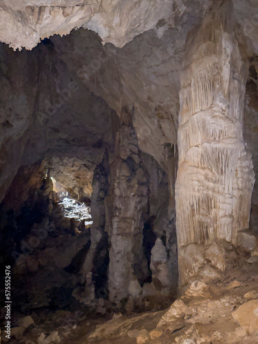 stalactites, stalagmites and large calcareous pillars inside the cave formed over millions of years
