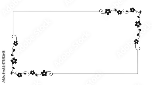 Floral rectangle frame. Hand drawn line border, leaves and flowers, wedding invitation and cards, logo design and posters template. Elegant minimal style floral vector isolated