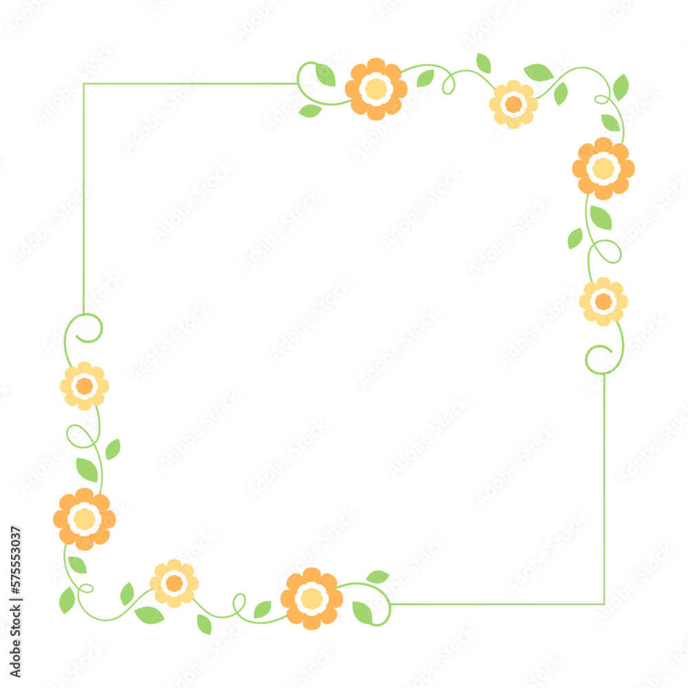 Cute botanical square frame. Hand drawn line border, leaves and flowers, wedding invitation and cards, logo design and posters template. Elegant minimal style floral vector isolated