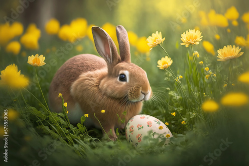 Cute rabbit and Easter egg on a green flowery lawn. Generative AI illustration