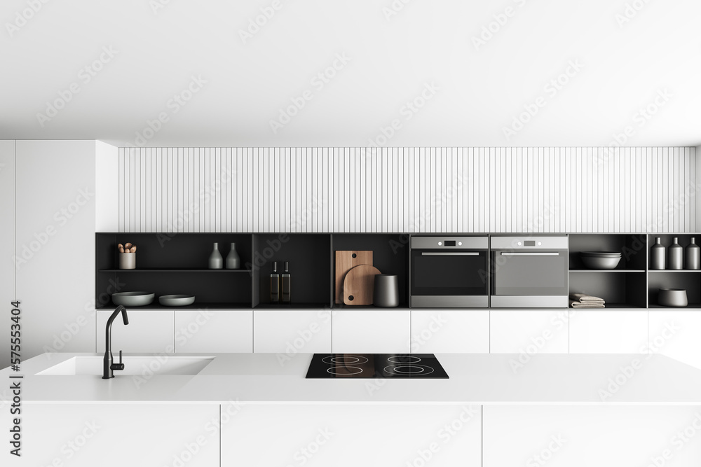Front view on bright kitchen room interior with island, cupboard Front view on bright kitchen room interior with island, cupboard