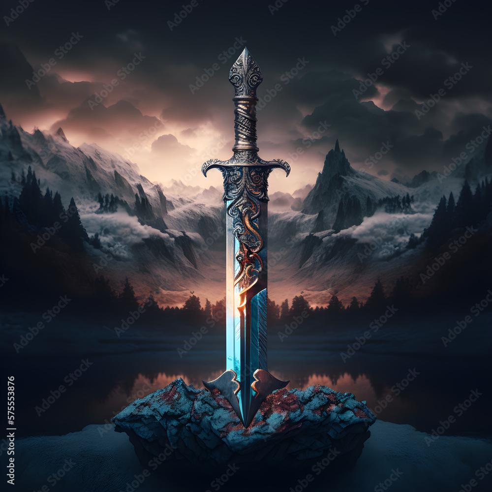 Obraz premium An ancient and mythical sword set against a dramatic land