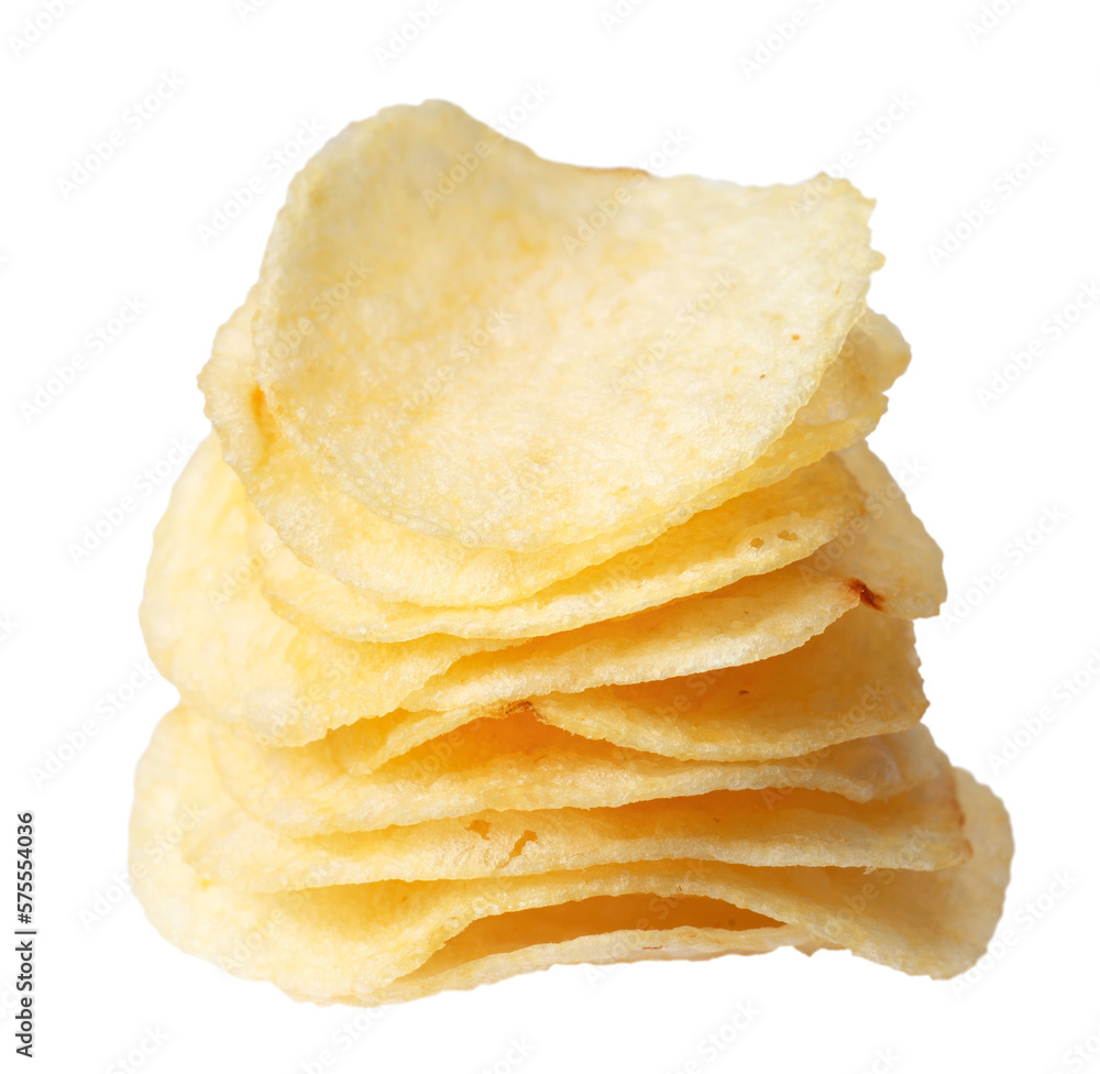 Stacked potato chips isolated on white background. Stacked potato chips isolated on white background.