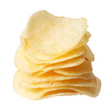 Stacked potato chips isolated on white background.