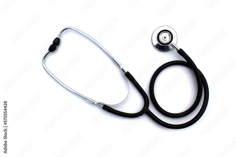 On a white isolated background lies a black stethoscope. On a white isolated background lies a black stethoscope.