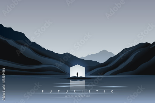 Futuristic technology background with a lonely figure. Sci-Fi poster. Minimal mountain landscape.  Abstract art wallpaper for web, prints, art decoration and applications. Vector illustration
