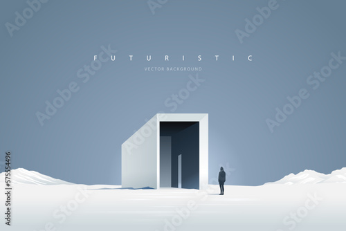 Futuristic technology background with a lonely figure. Sci-Fi poster. Minimal mountain landscape.  Abstract art wallpaper for web, prints, art decoration and applications. Vector illustration