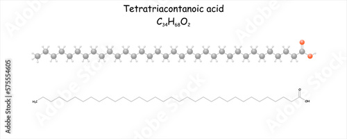 Simplified structural scheme and formula of tetratriacontanoic acid. Occurs in natural waxes e.g wild beeswax.