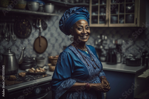 Generative AI. A woman smiling in a kitchen